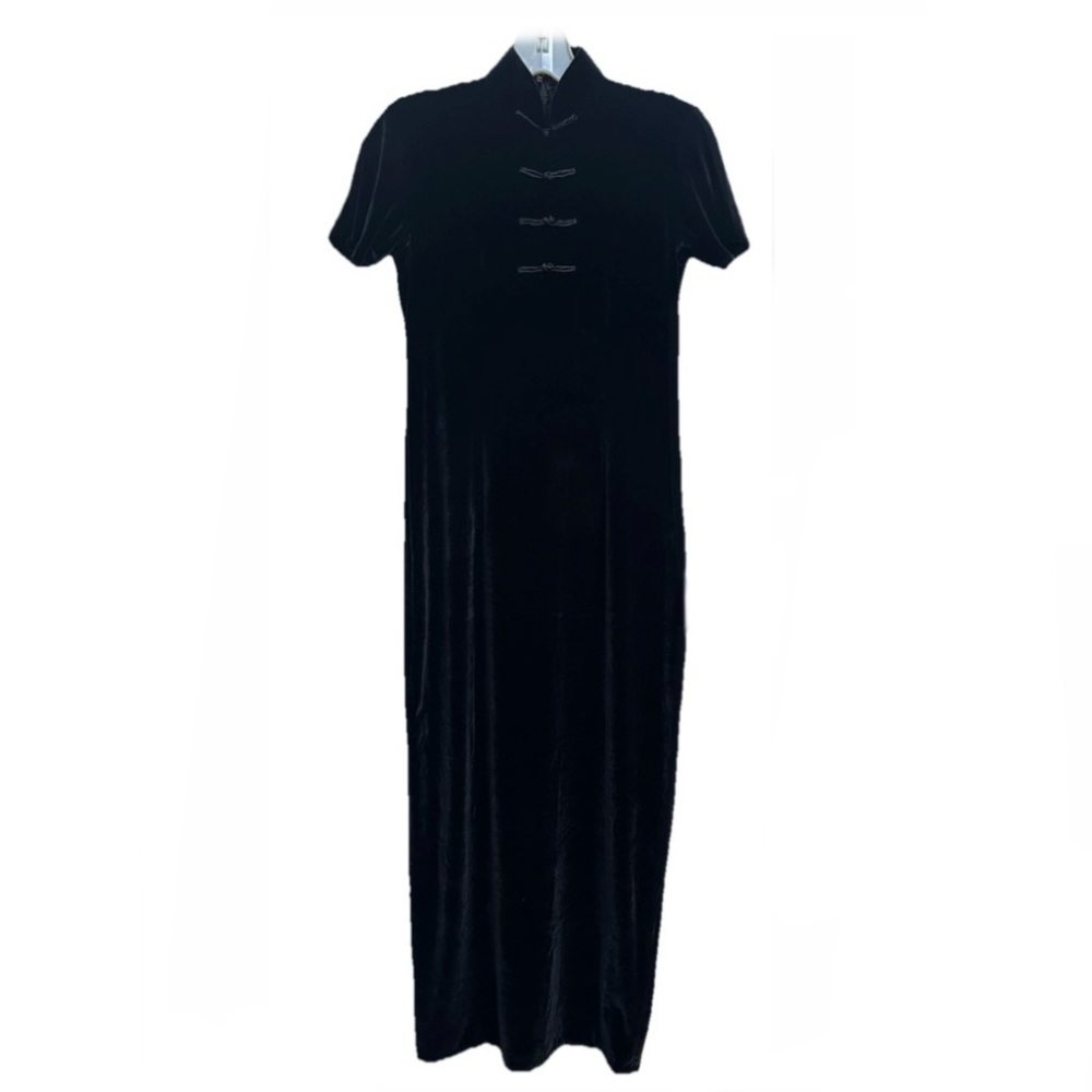 Vtg Black Velvet Cheongsam Whimsigoth Maxi Qipao Devoré Mandarin Collar Dress M - Picture 3 of 11